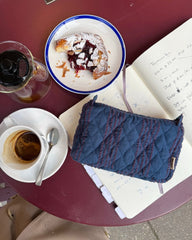 Knitter's Tool Clutch i farven Night Shadow liggende oven på noter